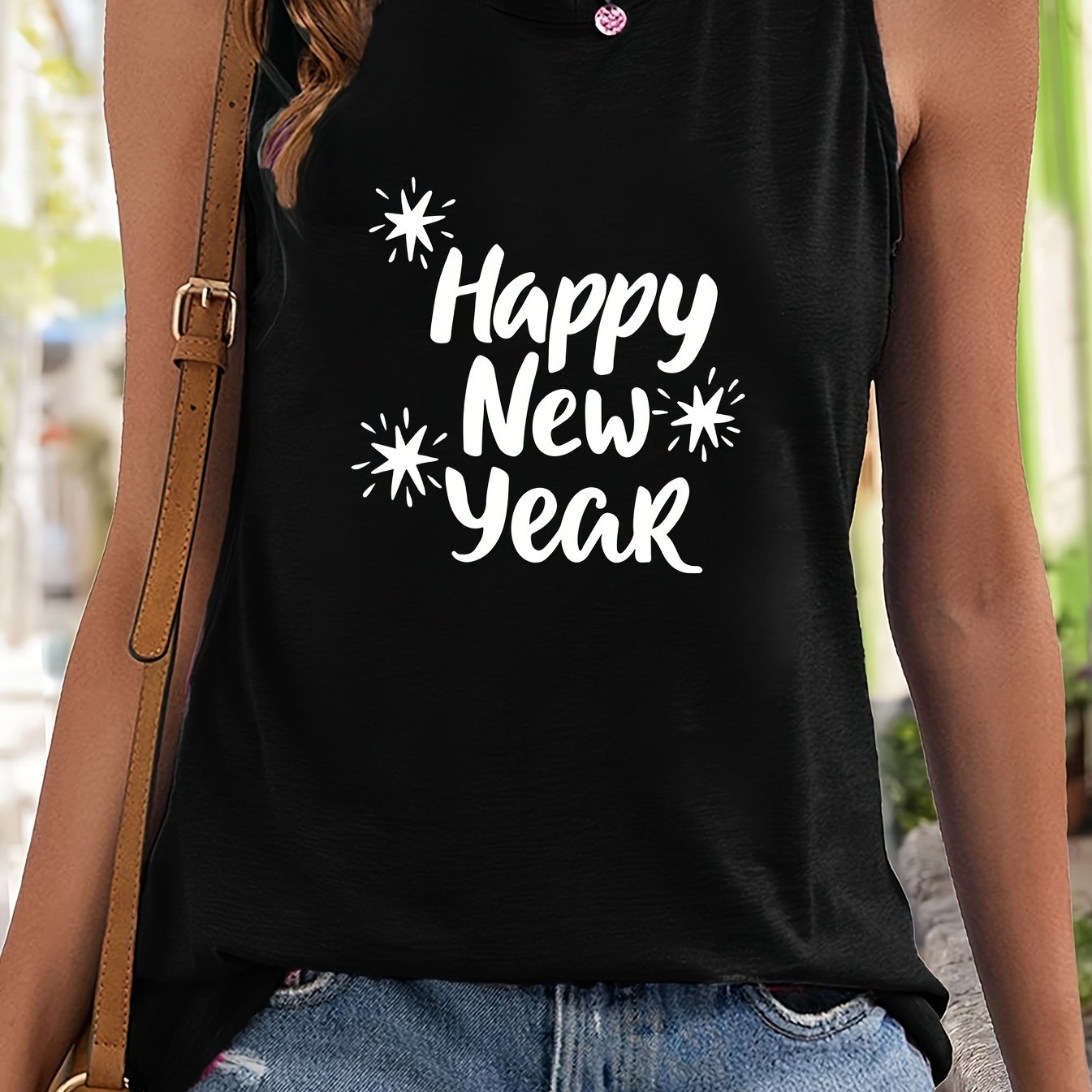 Happy Year Letter Print Sleeveless Sports Vest Round Neck Stretchy Casual Tops