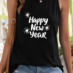 Happy Year Letter Print Sleeveless Sports Vest Round Neck Stretchy Casual Tops