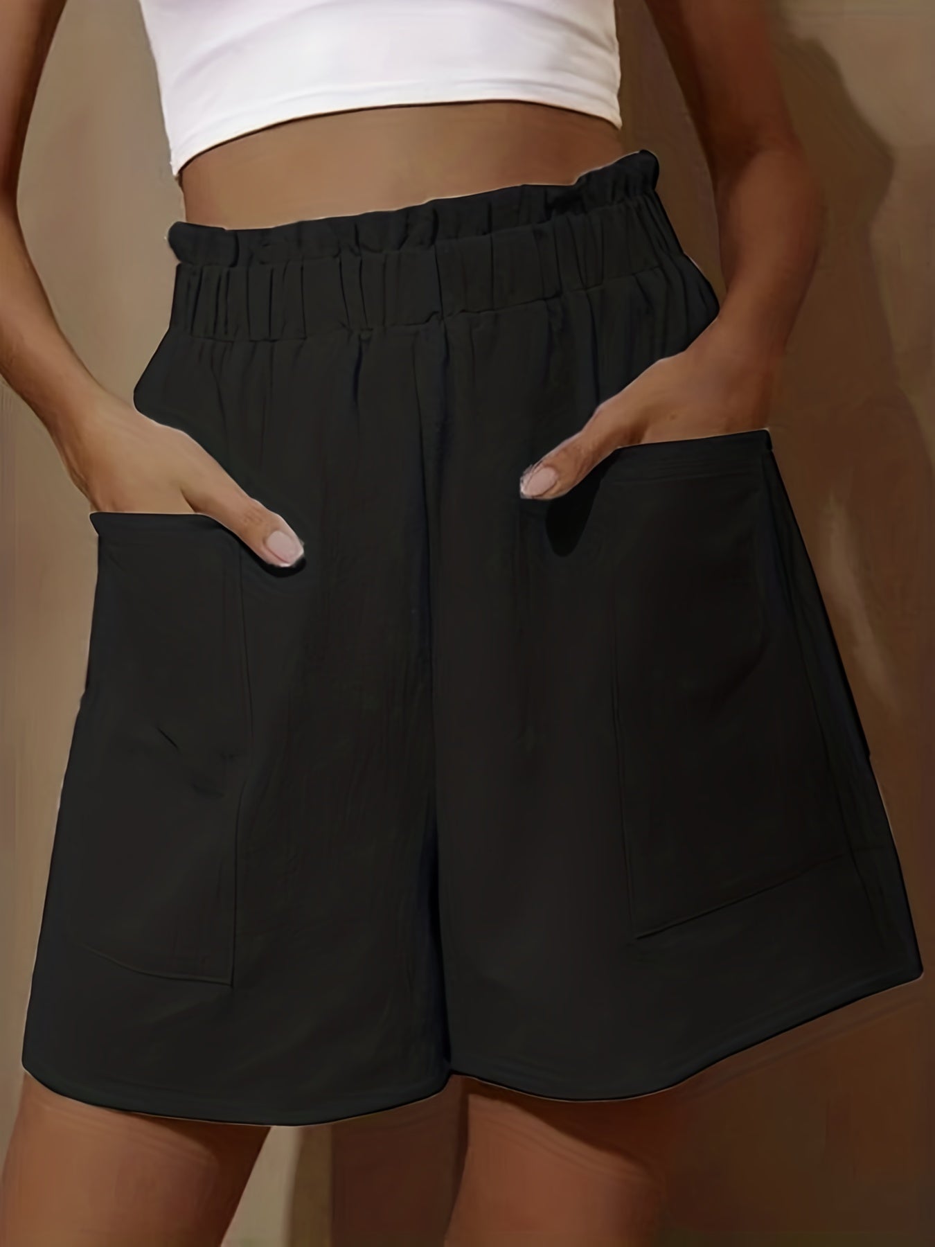Patched Pockets Ruffle Trim Shorts Solid Casual Wear