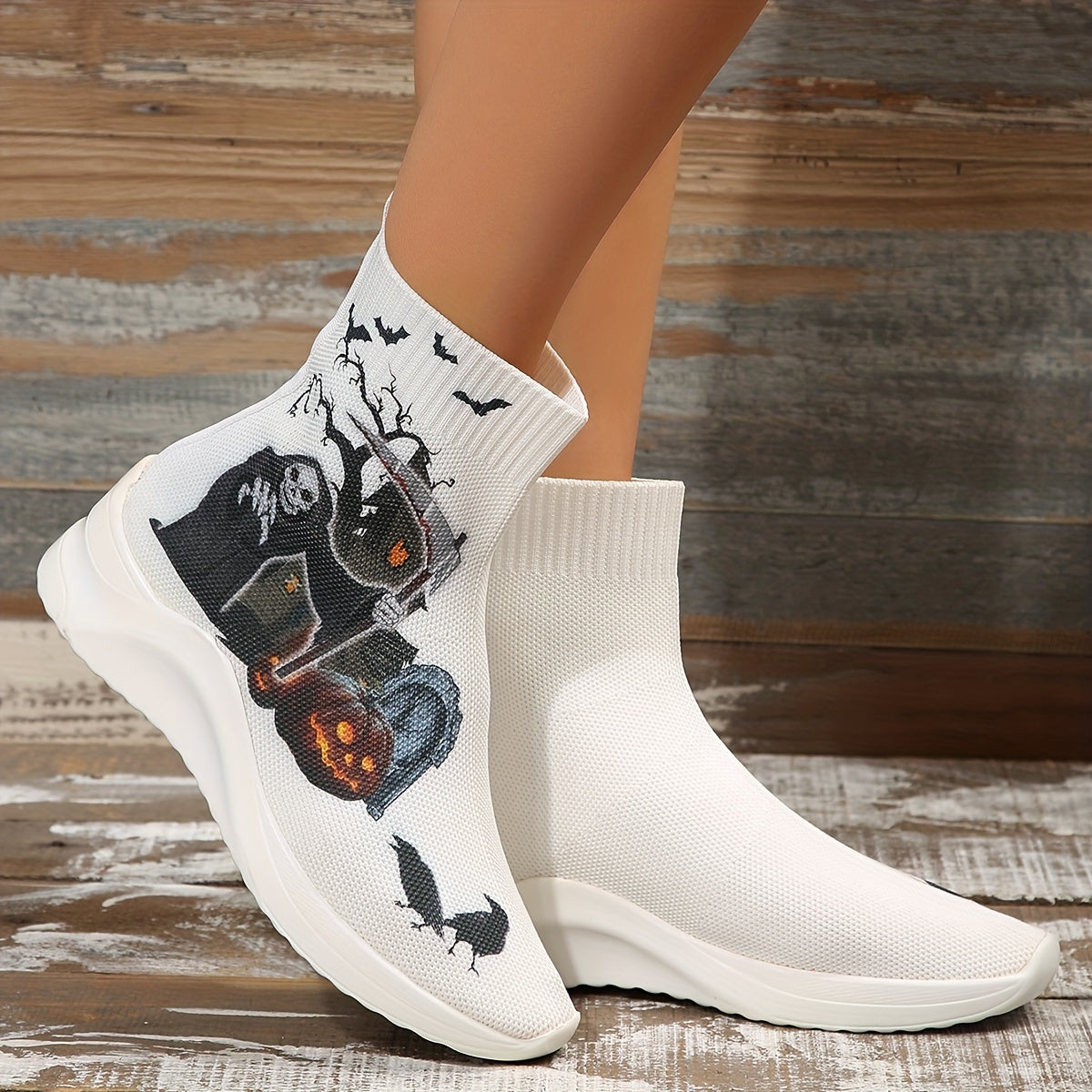 Halloween High Top Sock Boots Ghost Face Print Ankle Boots