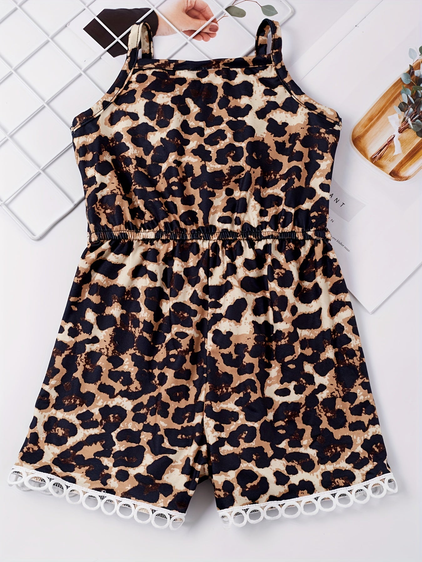Leopard Lace Trim Cami Rompers Jumpsuits for Toddler Girls