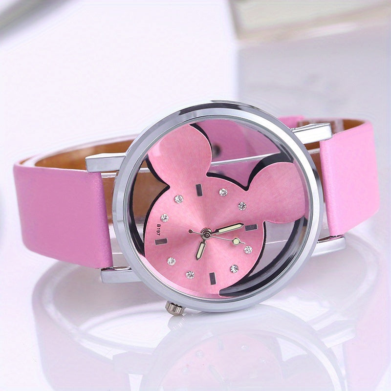 Girls Hollow Out Mouse Quartz Watch Faux Leather Band Holiday Birthday Gift