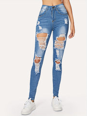 Distressed High Stretch Skinny Jeans Slim Fit Denim Pants