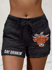 Heifer Print Drawstring Shorts for Women
