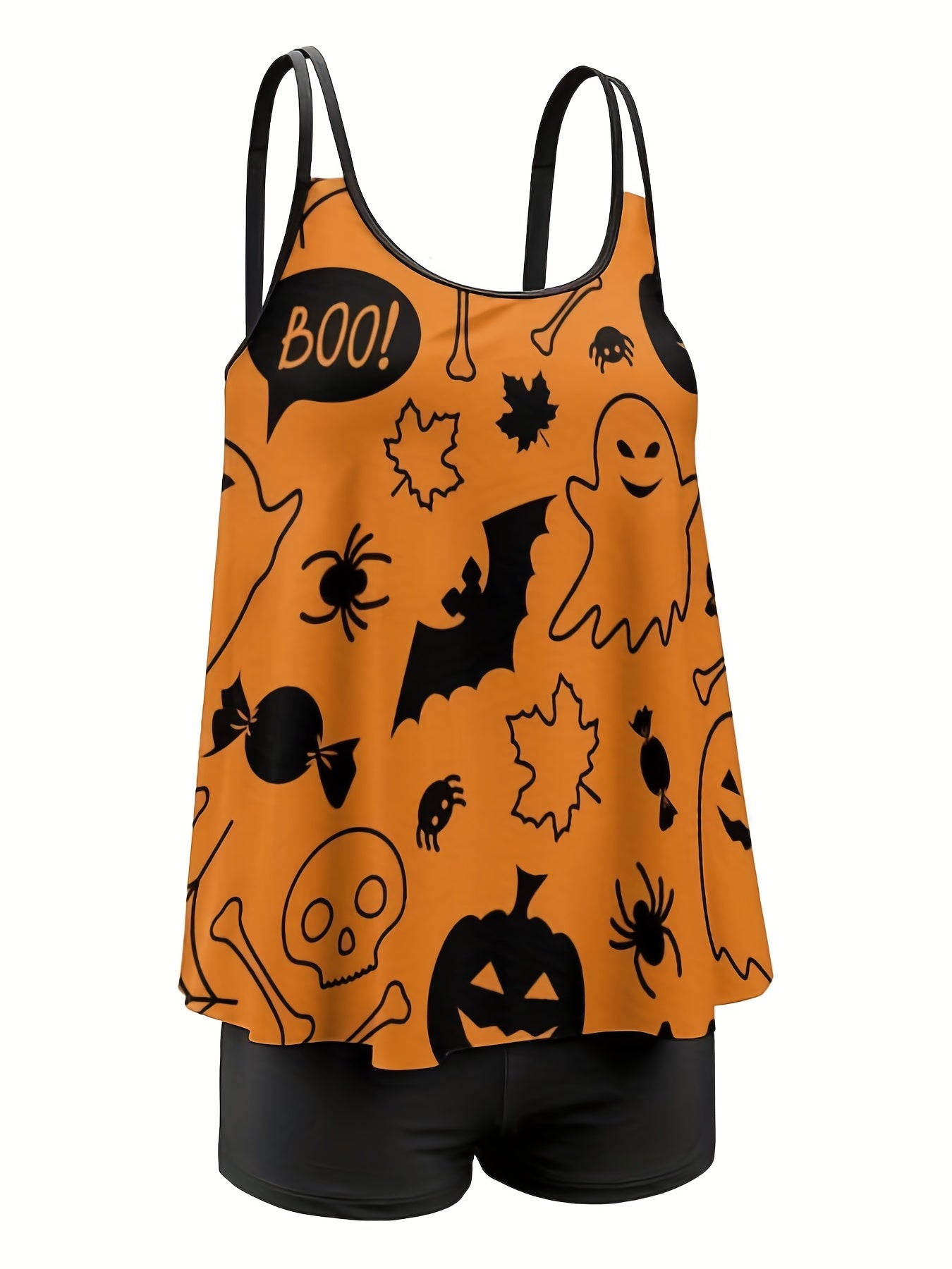 Halloween Tankini Set Women's Plus Ghost & Pumpkin Print Swimwear