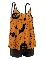 Halloween Tankini Set Women's Plus Ghost & Pumpkin Print Swimwear