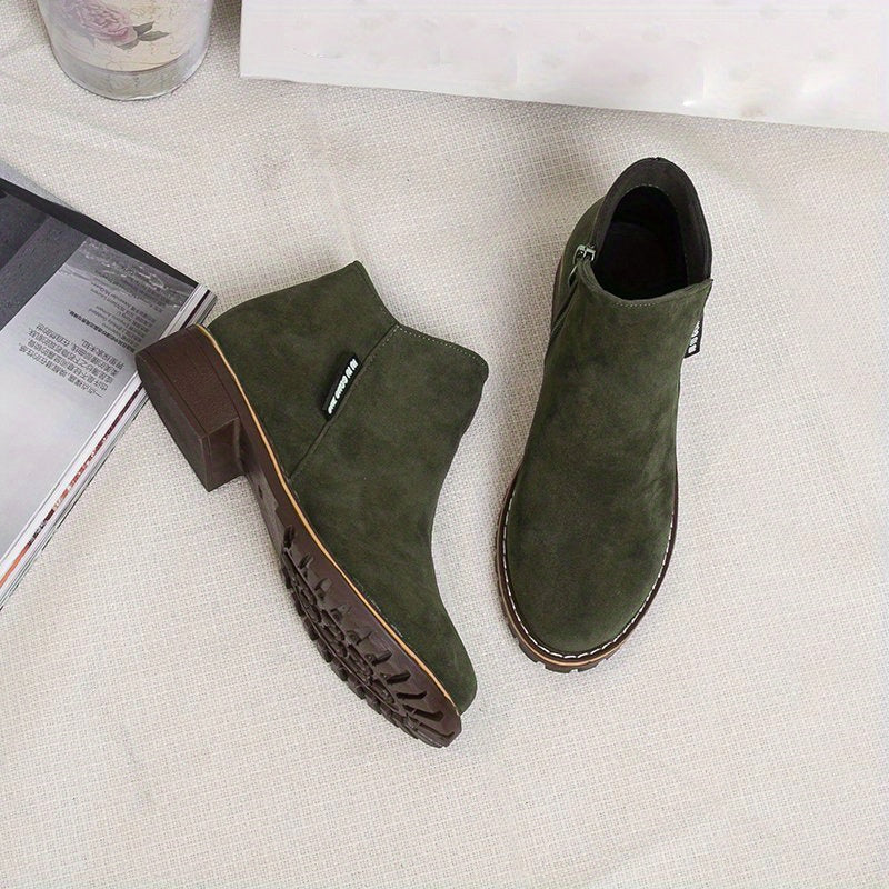 Women's Chunky Heeled Ankle Boots Solid Side Zipper Shoes Low Heel Short Boots