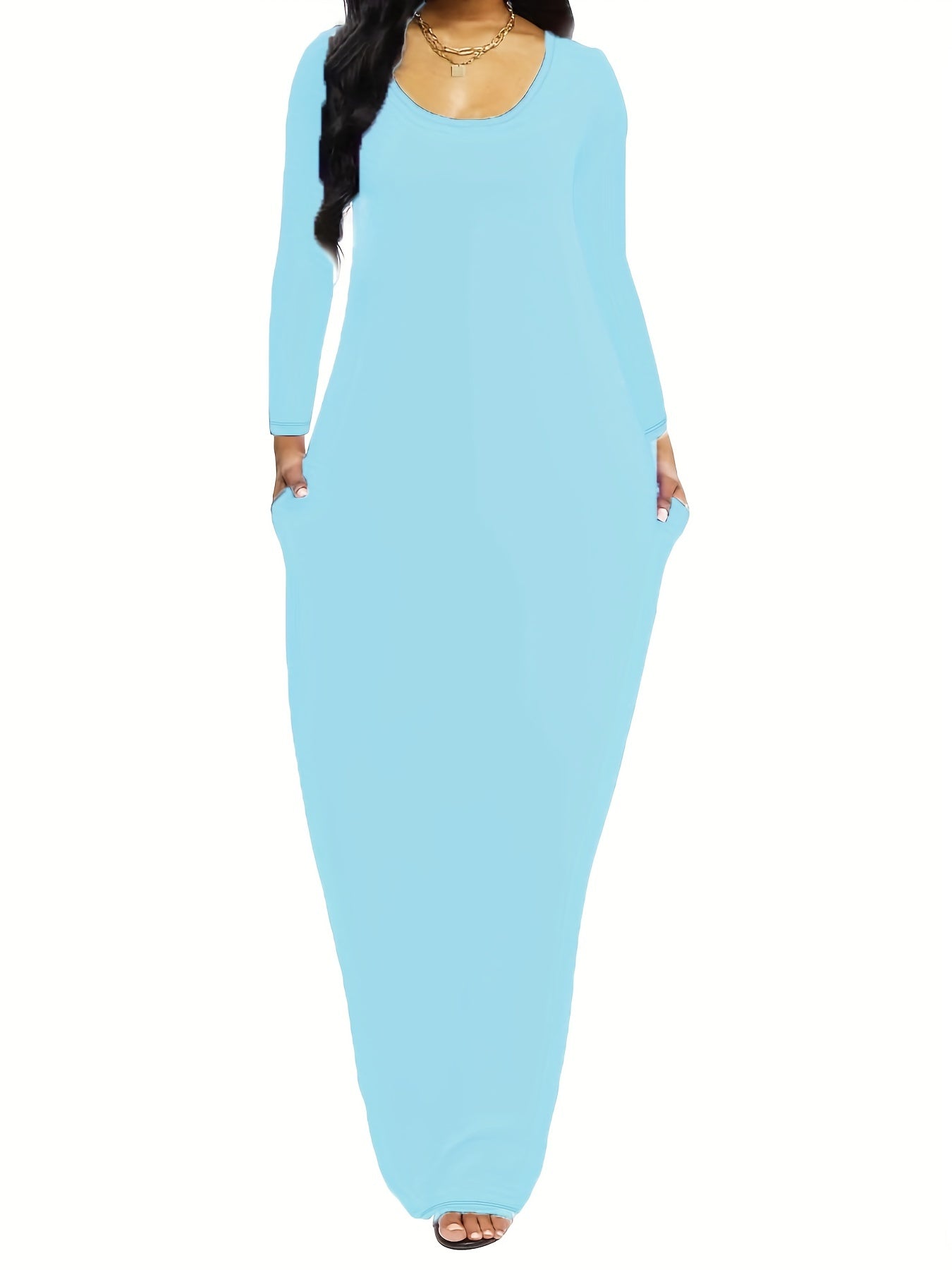Solid Long Sleeve Maxi Dress With Pockets