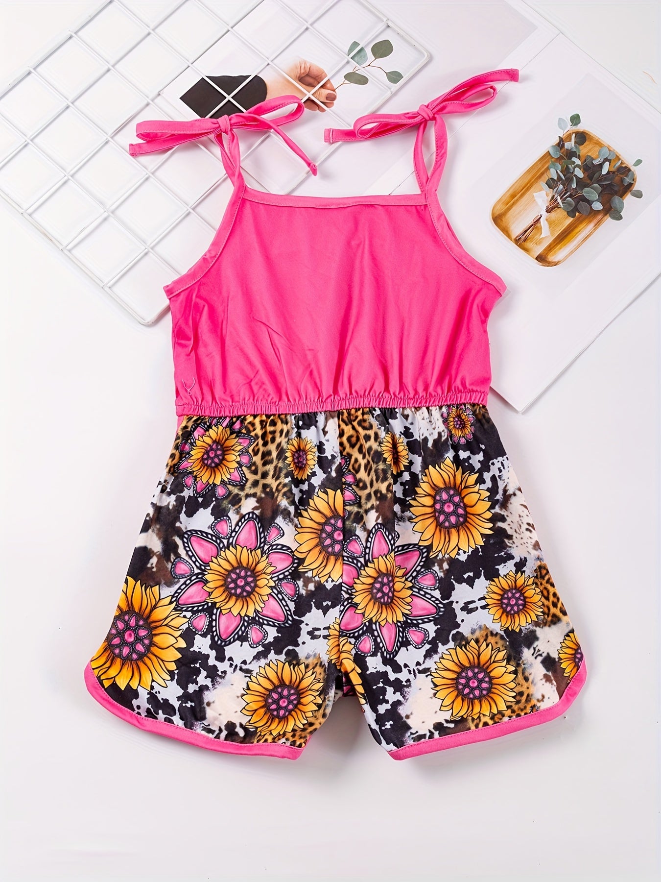 Toddler Girls Sunflower Leopard & Bull Head Cami Romper Jumpsuit