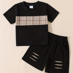 2pcs Baby Boys Casual Plaid T-shirt & Shorts Set Clothes