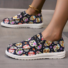 Women's Colorful Skull Print Canvas Shoes Casual Lace Up Outdoor Sneakers