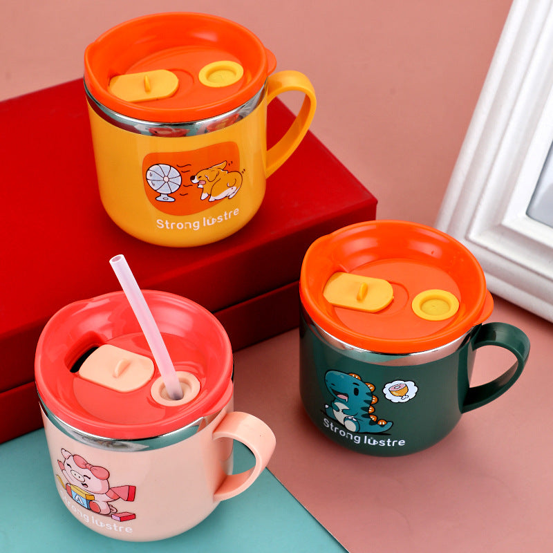 Children's Cartoon Stainless Steel Milk Cup with Lid Straw