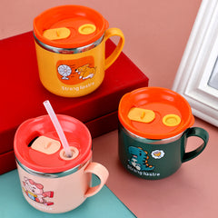 Children's Cartoon Stainless Steel Milk Cup with Lid Straw