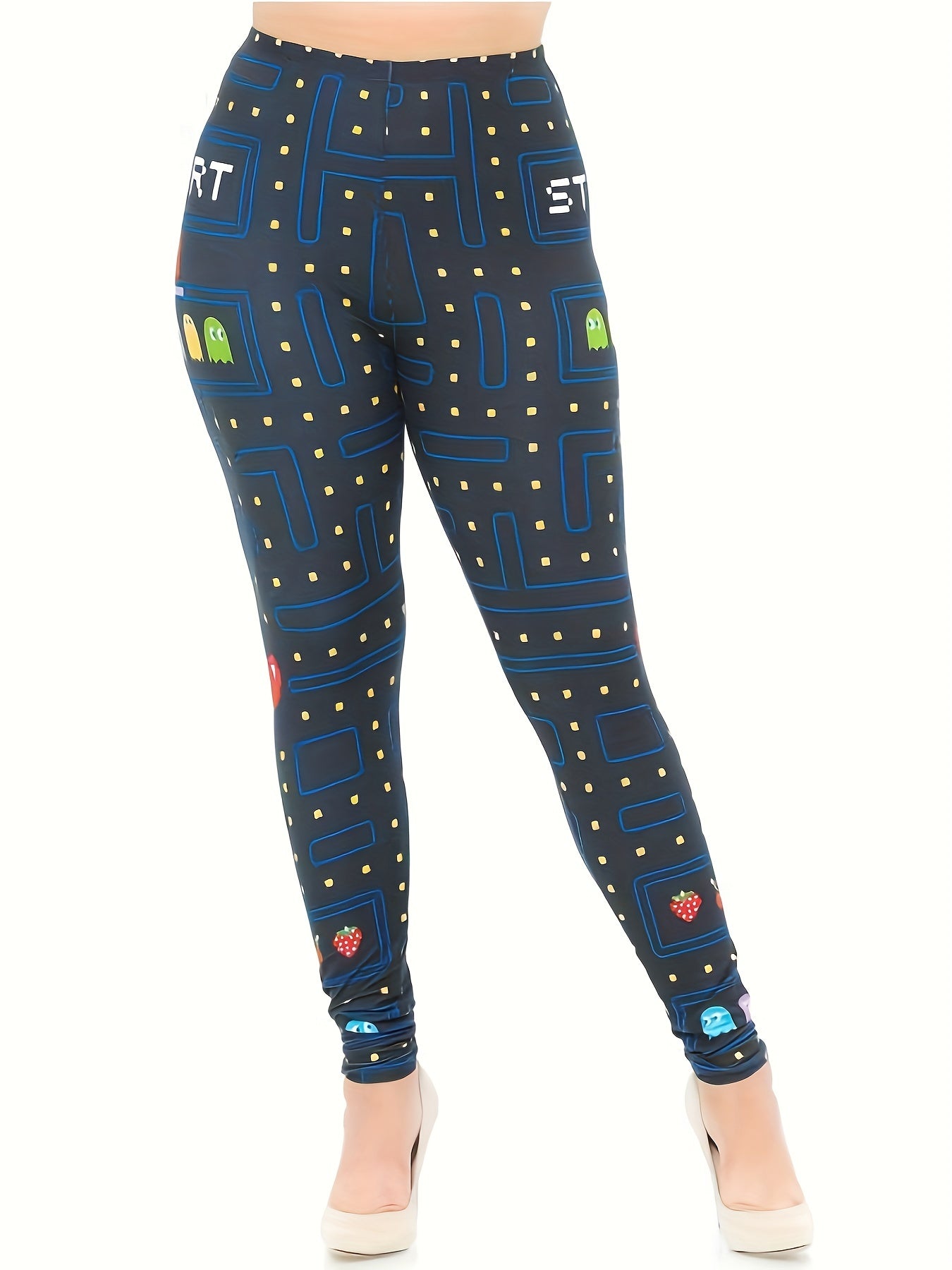 Casual Leggings Women's Plus Pixel Monster & Fruit Print Leggings