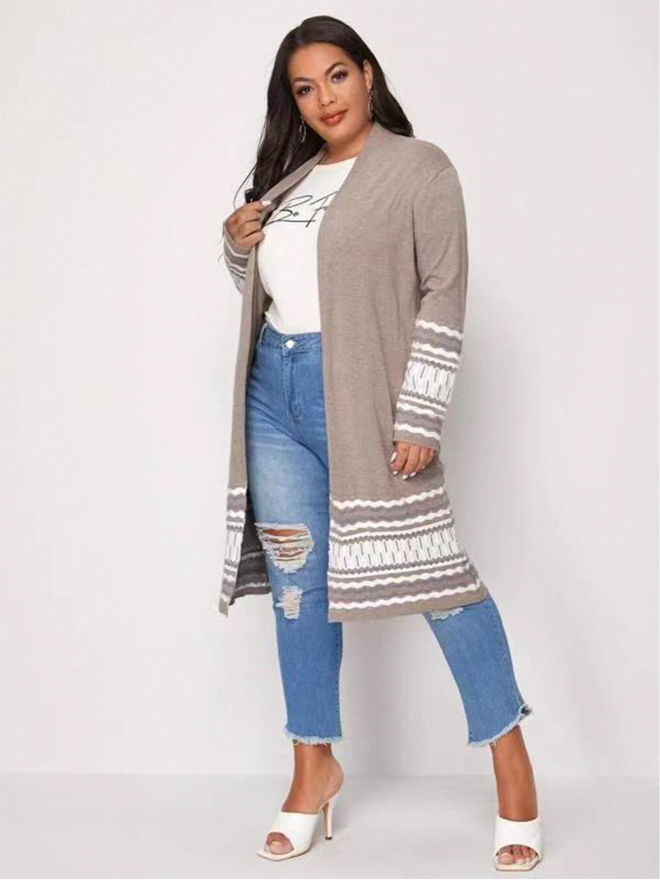 Colorblock Knit High Stretch Sweater Cardigan Women's Plus Long Casual