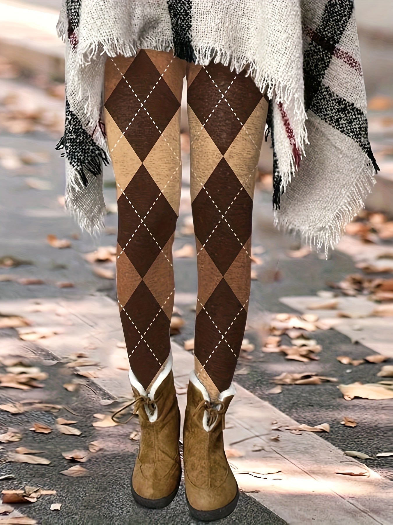 Street Style Leggings Women's Plus Argyle Print High Rise Leggings