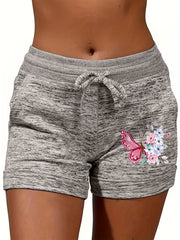 Butterfly & Floral Print Drawstring Shorts for Summer Women's Clothing