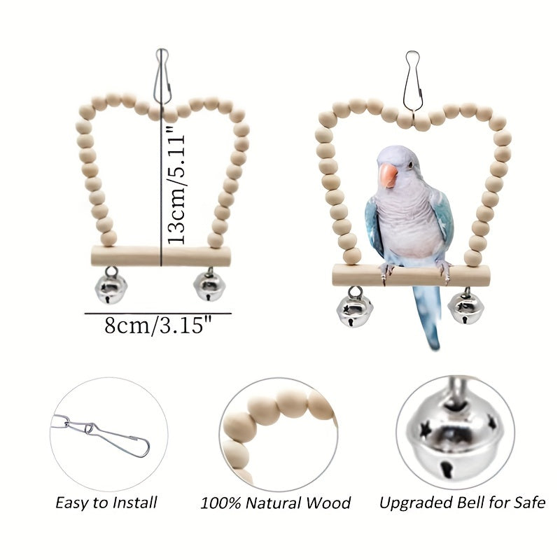 Wooden Bird Swing with Hanging Bell for Parrots and Birds