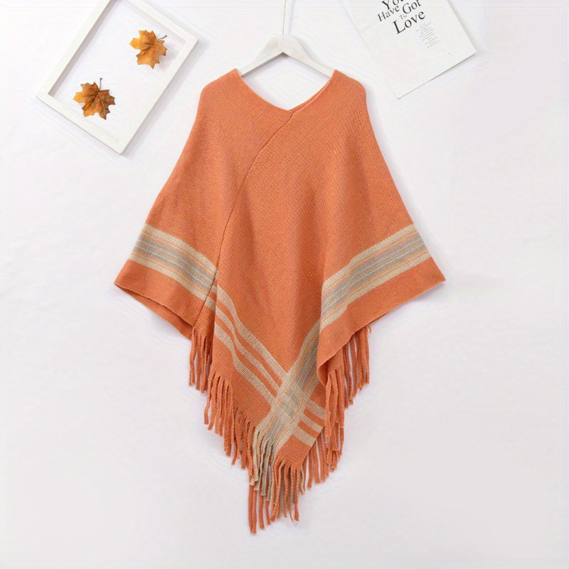 Cashmere Shawl Striped Fringe Shawl Wraps Warm Cape Women