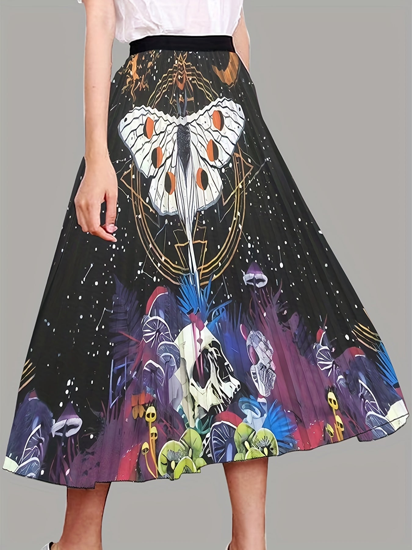 Butterfly Print Pleated Skirt Elastic Waist Swing Skirt