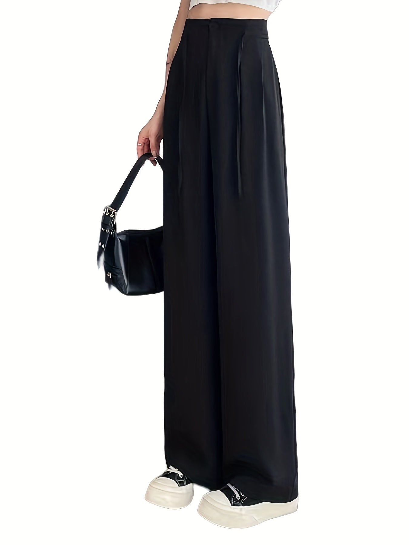 Solid Drawstring Button Pants Casual High Waist Straight Leg Pants