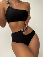 One Shoulder Swimsuit Asymmetric Band High Strech 2 Piece Beachwear