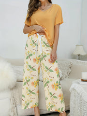 Floral Pajama Set Short Sleeve V Neck & Bow Pants