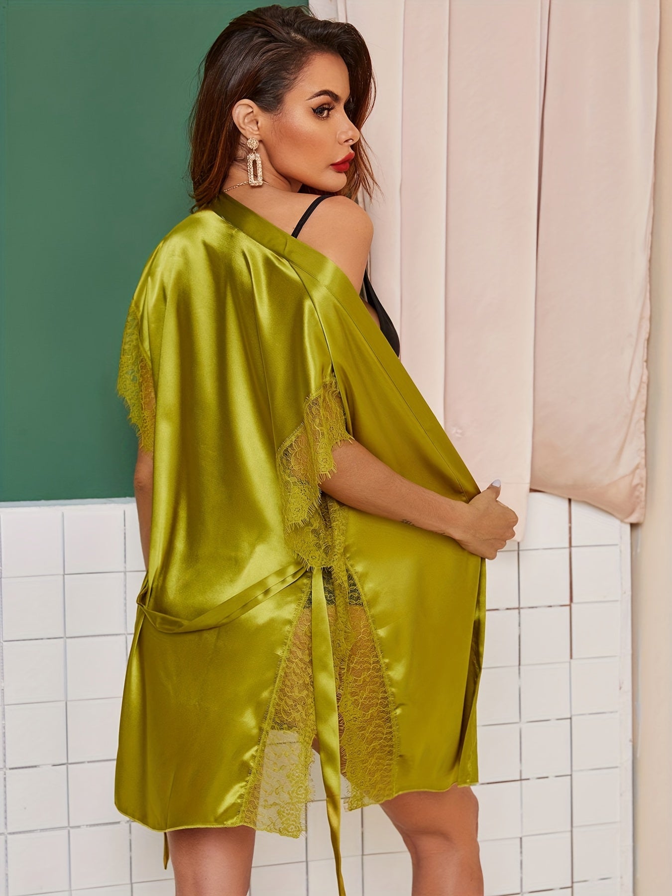 Lace Trim Robe V Neck Short Sleeve Robe Women's Sleepwear