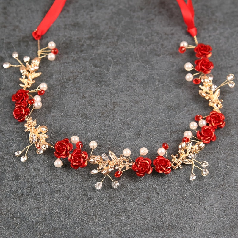 Red Crystal Hairband Princess Flower Earrings Bridal Wedding Queen Crowns