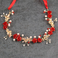 Red Crystal Hairband Princess Flower Earrings Bridal Wedding Queen Crowns