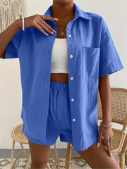 Solid Casual Two-piece Set Button Front Shirt & Shorts