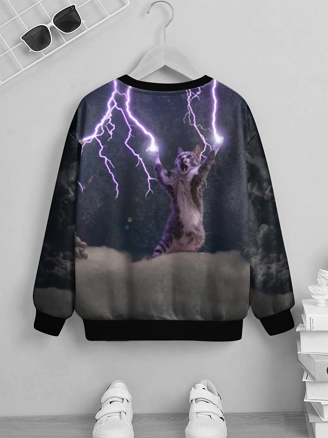 Lightning Cat Print Kid's Sweatshirt Pullover Long Sleeve Top