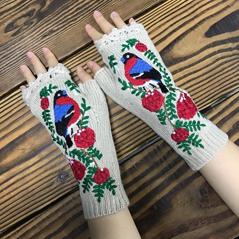 Embroidered Bird Flowers Gloves Arm Warmer Woolen Winter Gloves