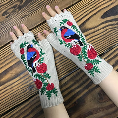 Embroidered Bird Flowers Gloves Arm Warmer Woolen Winter Gloves