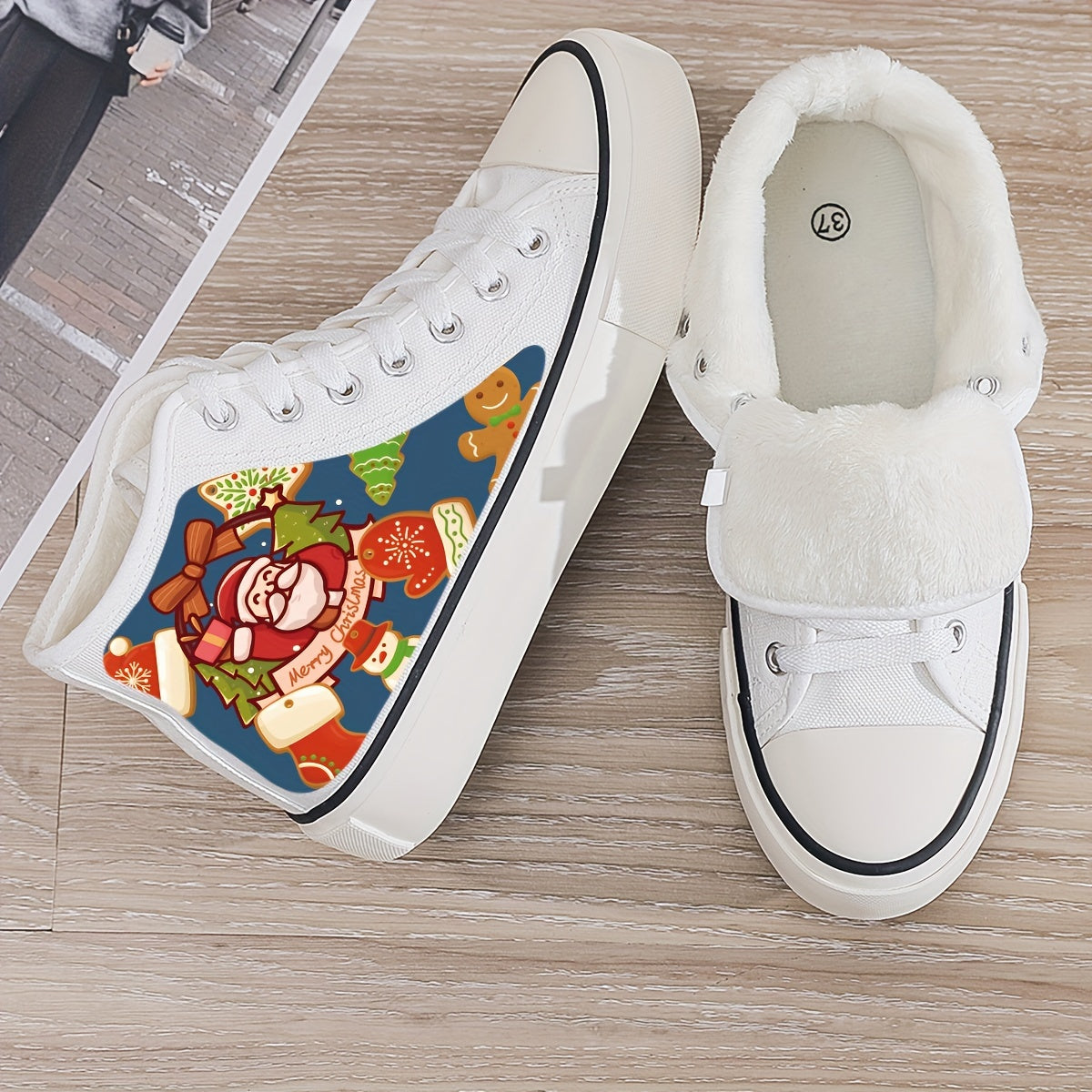 Santa Print Plush Lined Chunky Canvas Sneakers