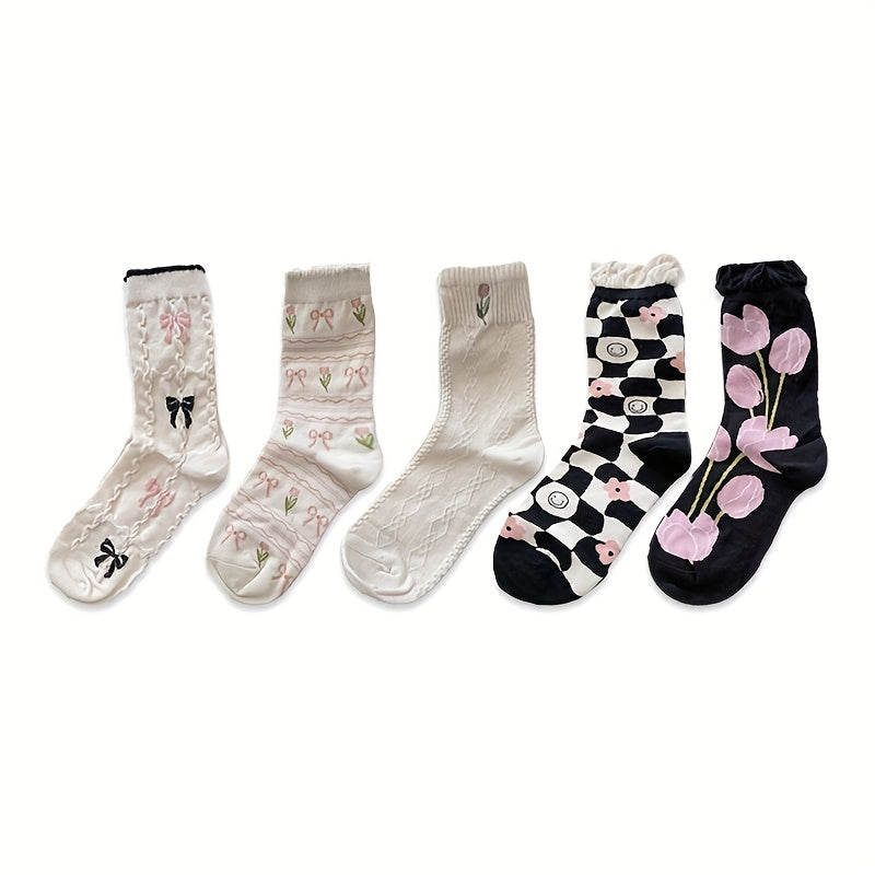 5 Pairs Floral & Bow Print Socks Women's Stockings & Hosiery