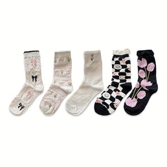 5 Pairs Floral & Bow Print Socks Women's Stockings & Hosiery