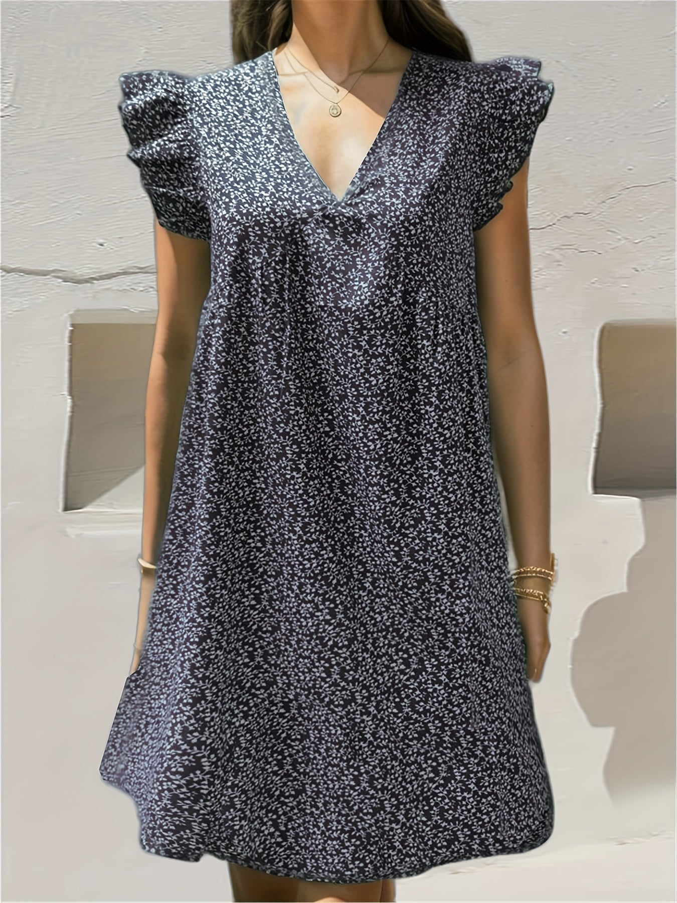 Ditsy Print Ruffle Sleeve V Neck Dress