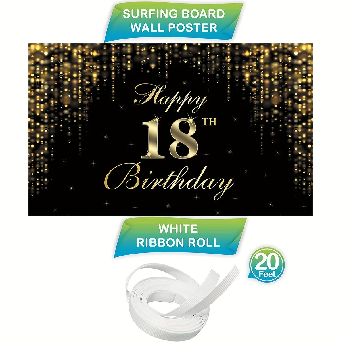 Happy 18th Birthday Banner Backdrop Golden Sweet 18 Birthday Sign