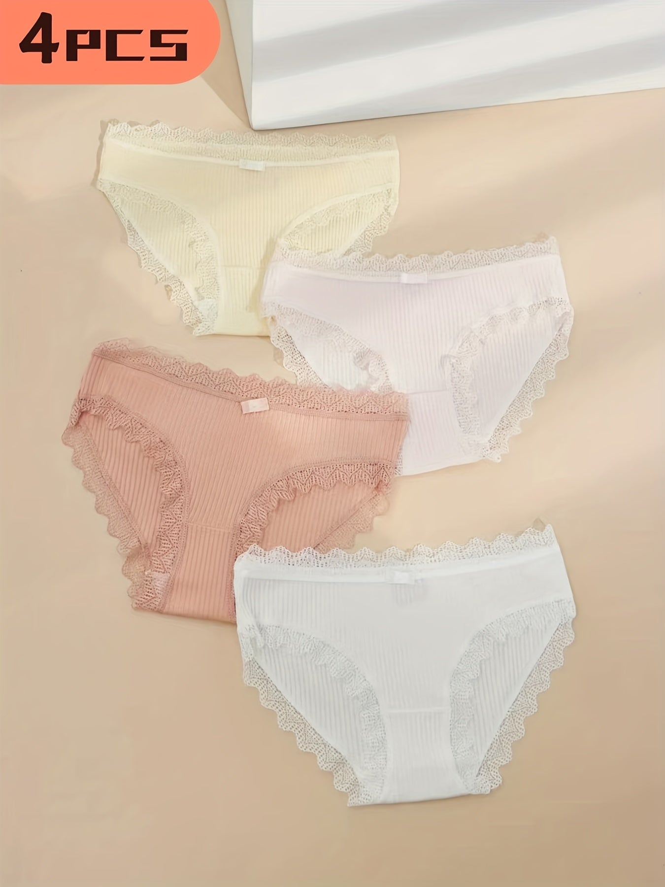 4pcs Lace Trim Ribbed Briefs Solid Panties Women's Lingerie