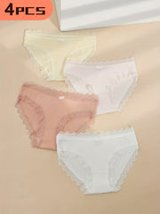 4pcs Lace Trim Ribbed Briefs Solid Panties Women's Lingerie