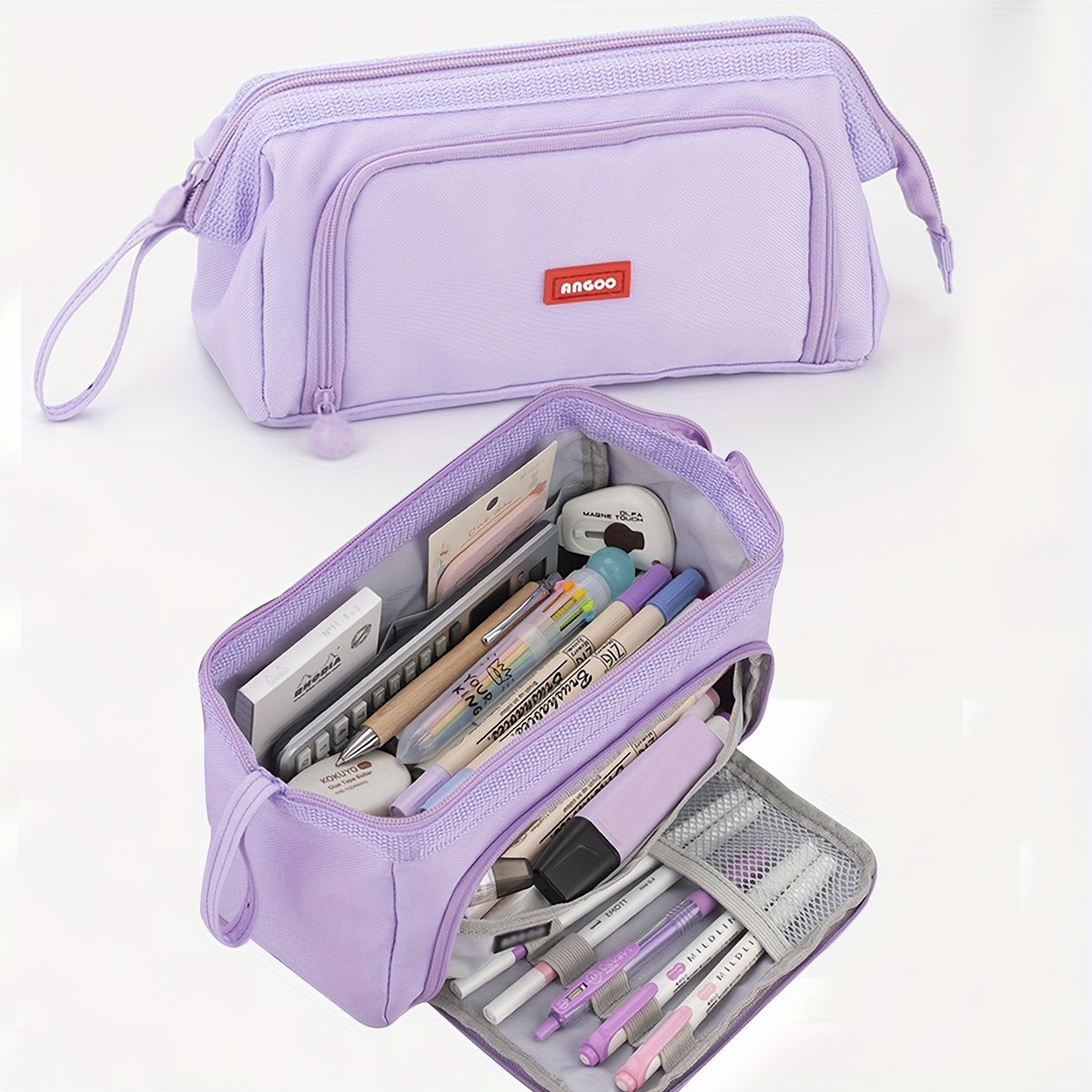 Double Canvas Pen Bag Functional Pencil Case Stationery Bag