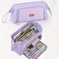 Double Canvas Pen Bag Functional Pencil Case Stationery Bag