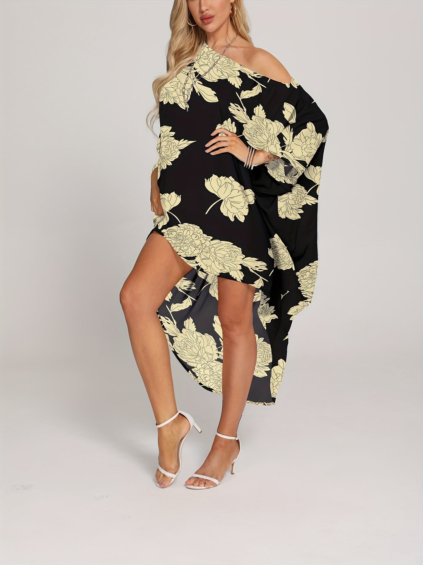 Floral Print Cover Up Dress One Shoulder Asymmetrical Beachwear Kaftan