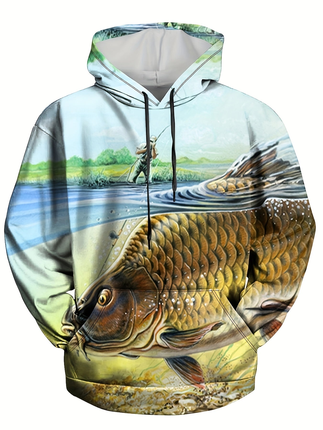 Fish 3D Print Hoodie for Men Graphic Pullover with Kangaroo Pocket