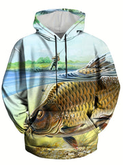Fish 3D Print Hoodie for Men Graphic Pullover with Kangaroo Pocket
