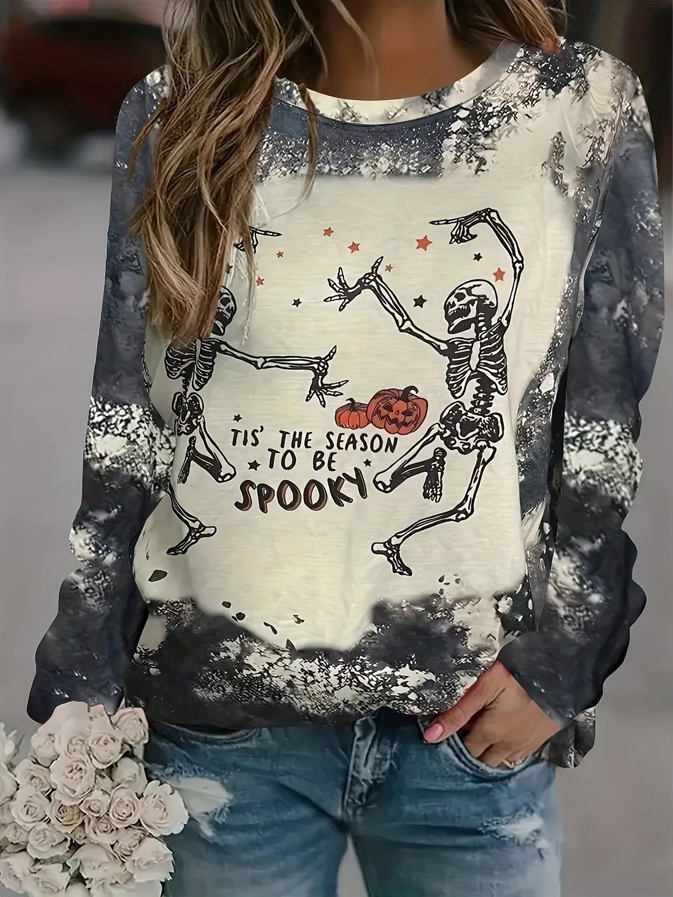 Dancing Skull Print Sweatshirt Crew Neck Long Sleeve Halloween Sweatshirt