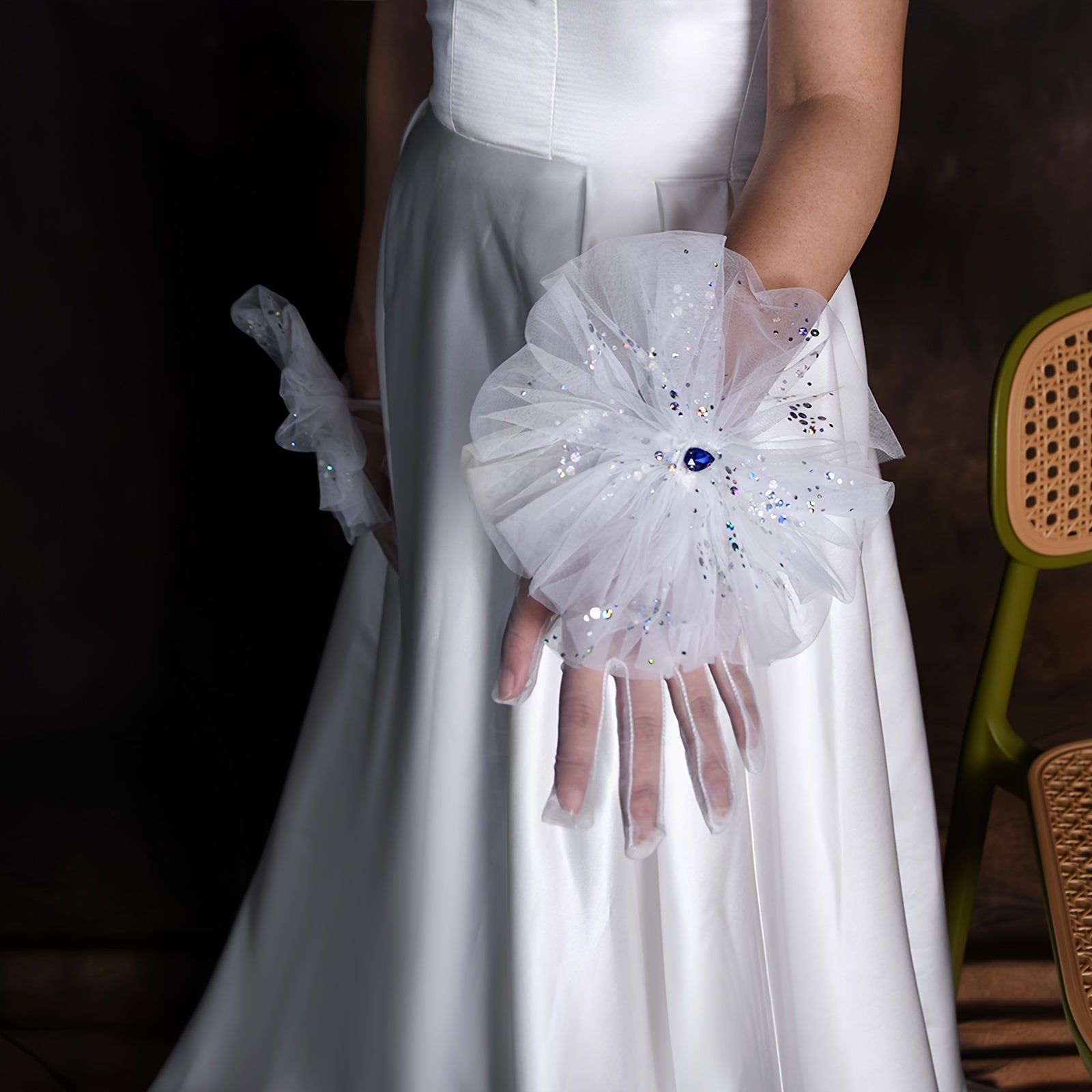 Short Fingerless Floral Bridal Gloves with Mesh Flower & Gemstones