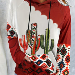 Cactus Print Drawstring Hoodie Casual Long Sleeve Sweatshirt