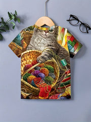 Kids Kitten 3D Print Tee Shirt Short Sleeve Daily Street Wear Round Neck